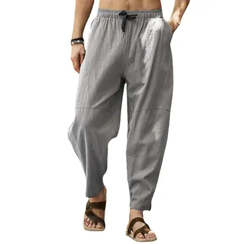 Vīriešu kokvilnas un lina elastīgs viduklis apgriezts bikses pamata modes vasaras bikses gadījuma aukliņu bikses
