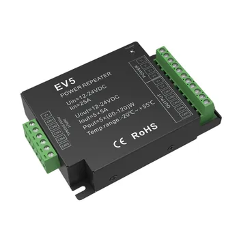 EV5 5 kanālu, 5A vienu kanālu DC12-24V konstanta sprieguma jauda repeaterfor Attiecas uz RGB+PKT konstanta sprieguma LED lentes vai modulis