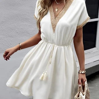Vintage Drēbes, Mini Baltās Kleitas 2023 Vasaras V Kakla Zaudēt Mežģīnes Augšu Sievietes Kleitu Sieviešu Ikdienas Īsās Piedurknes Pludmales Kleita Vestidos