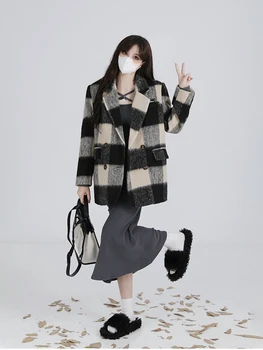 2023 Spirng Pleds Vilnas Mētelis Sievietēm Korejas Modes Y2k Īss Mētelis, Jaka Biroja Dāma Gadījuma Elegants Apģērbs Mētelis Silts Dizains