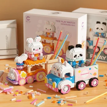 Kawaii Panda Automašīnas Celtniecības Bloki Attēls Salikts Karikatūra Trušu Pildspalvu Turētājs Mini Mikro Ķieģeļi Modelis Rotaļlietas Bērniem Ziemassvētku Dāvanu