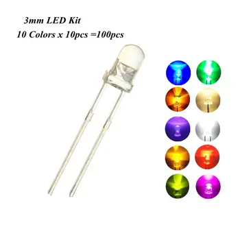 100GAB, 3MM F3 DIP LED Komplekti, 10Colors x10Pcs=100gab, Sarkana Zila Dzeltena Zaļa, Rozā, Purpura, Oranža, Silti Balta