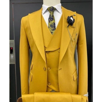 Sinepju Dzeltena Oficiālu Vīriešiem 3 Gabali, Kāzu Uzvalki Līgavainim Uzvalku Slim Fit Biznesa Balli Puses Tērps Kostīms Homme (Žakete+Veste+Elsas)