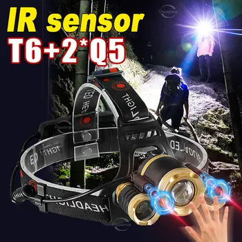 JAUNU Super Spilgti T6+2*Q5 Spēcīgs Led Lukturis Ar USB Uzlādes Galvas Lukturīti IS Sensoru Ūdensizturīgs Zvejas Kempings Lukturu