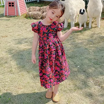 Toddler Meitene Drukas Savirmot Apdari Apaļu Kakla Puff Piedurknēm Uzliesmoja Līnija, Ziedu Kleitu Meitene Kleitas Gadījuma