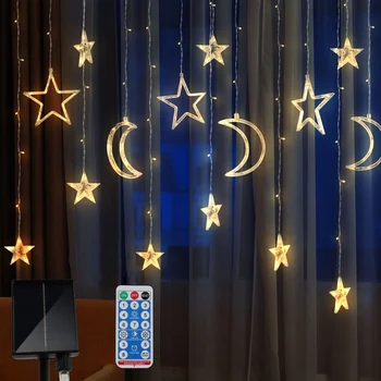 Zvaigžņu un Mēness-Saules Aizkaru Gaismas Āra Ūdensizturīgs Vainags LED Lampas Saules Dārza String Gaismas Kāzas, Ziemassvētku Dekori Apgaismojums
