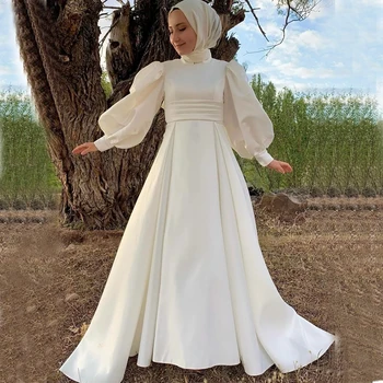 Musulmaņu Kāzu Kleitas, Līgavas Augstas Kaklu garām Piedurknēm Grīdas Garuma Līnijas Satīna Hijab Sieviešu Kāzu Kleitas apmetni de mariée