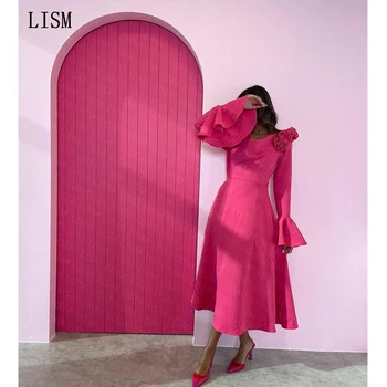 LISM Rozā krāsā ar garām Piedurknēm Ziedi Oficiāls pasākums Puse Kleitas Tējas Garums Saūda arābu Sievietes Balles Kleitas-line Homecoming Kleita