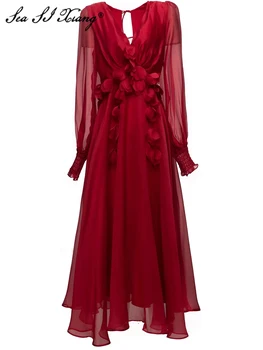 Seasixiang Modes Dizaineru Rudens Garu Kleitu Sievietes, V-veida Kakla Laternu Piedurknēm Appliques Red Elegants Puse Mežģīnes-up Backless Kleitas