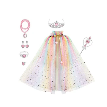 Jauns Bērnu Cosplay Kostīmi Set Queen Princese Krāsains Apmetnis Vainagu Lakatu, Caurspīdīgs Mežģīņu Bezmaksas Izmēru, Aksesuāri Aksesuāri
