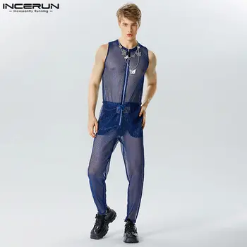 2023 Vīriešiem Jumpsuits Acs Raibs Pārredzamu O-veida kakla Piedurknēm Modes Vīrietis Kombinezonus Sexy Streetwear (Dungriņi) S-5XL INCERUN