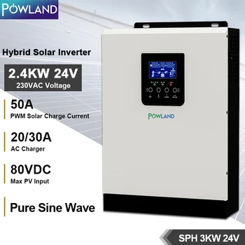 Powland 3000W Saules Inverter 2400VA Pure Sine Wave Hibrīda 24VDC Ievadi 220VAC Izejas Veidot PWM 50A Saules Lādētājs Kontrolieris