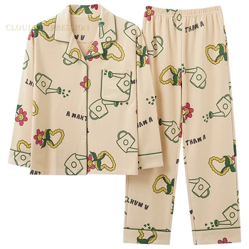 Rudens Jaunās Knttted Sieviešu Pidžamas Komplekti, Atloks, Smieklīgi Pjs Karikatūra Sleepwear Naktsveļu Homewear Meitene Pijamas Mujer Pyjama Modes