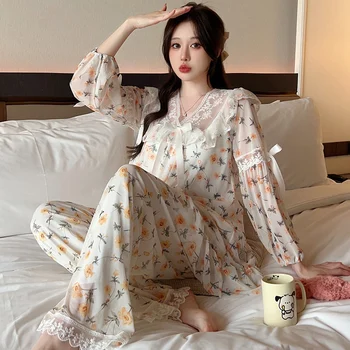 2023 Rudens Salds Princese ar garām Piedurknēm Kravu Drukāt Pidžamas Komplekti Sievietēm korejas Gudrs Mežģīnes Sleepwear Pyjama Homewear Mājas Drēbes