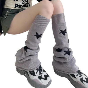 Sieviešu Adīt Kāju Sildītāji Star Print Ceļgalu Augstu Zeķes Boot Aproces Y2K Vintage, Grunge Gadījuma Lempis, Zeķes Pusaudžu Lolita Harajuku