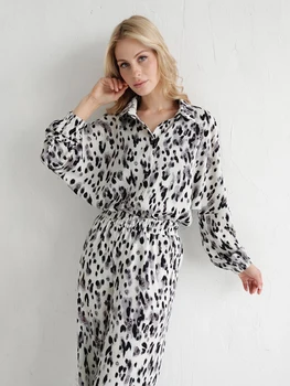 Hiloc Vienu Krūtīm Modes Drukāt Sleepwear Atloks ar garām Piedurknēm Zaudēt Sieviešu Pidžamas Komplekts Augsta Vidukļa Plaša Kāju Bikses Pidžamas Komplekti