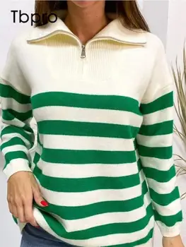 Svītrains Rāvējslēdzēju Atloks Adīt Džemperis Sievietēm Gadījuma Krāsu Kontrastu garām piedurknēm Džemperis Džemperi Sieviešu Modes Iela Džemperi