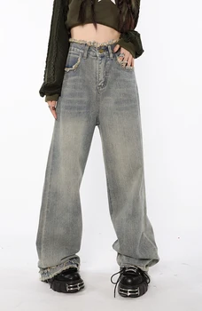 2023 Sieviešu Plaša Kāju Džinsi Pušķis Korejas Neapstrādātu Malu Streetwear Y2k Baggy Bikses Džinsi Ar Augstu Starām. Vintage Džinsa Bikses Feamle