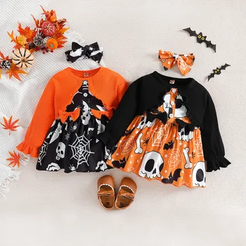 Halloween 0-2Y Infant Baby Meitenes Romper Kleita Ar Galvas 2gab Zirnekļa Modelis ar garām Piedurknēm Jumpsuit ar Svārkiem Vīles Komplekts