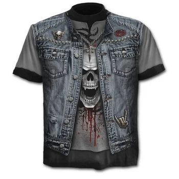 Vīriešu Vintage T-krekls Punk Stila Viltus Divi Gabali Galvaskausa Drukāt Lielizmēra Ikdienas Apģērbu, Vīriešu Motociklu Hip Hop Cilvēks Īsā Tee