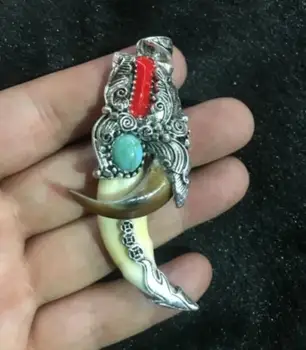 Tibetas senlietas, Vilka zobi, Lāča nagiem Tibetas sudraba mozaīkas tirkīza amulets