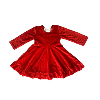 Boutique Sarkanā Samta Ruffles Garām Piedurknēm Meitenēm Kleitas Bērnu Apģērbu Atpakaļ Loku Princese Kleita