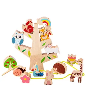 Koka Montessori Rotaļlietas, Celtniecības Bloki, Kraušanas Spēle Dzīvnieku Rindas Vītņu Koka Krelles Agrīnās Izglītības Rotaļlieta Bērniem Mazulis